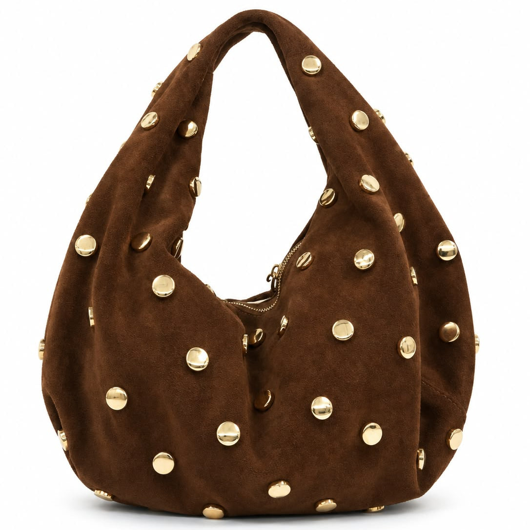 Dunkelbraune Hobo-Tasche mit goldfarbenen Nieten