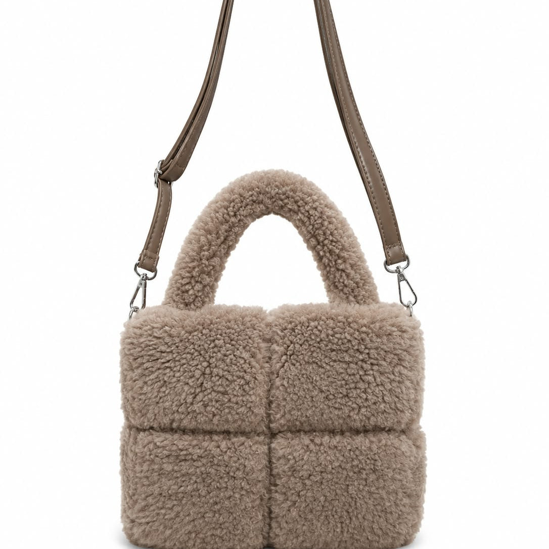 Beige Teddy-Schultertasche mit Tragegriffen
