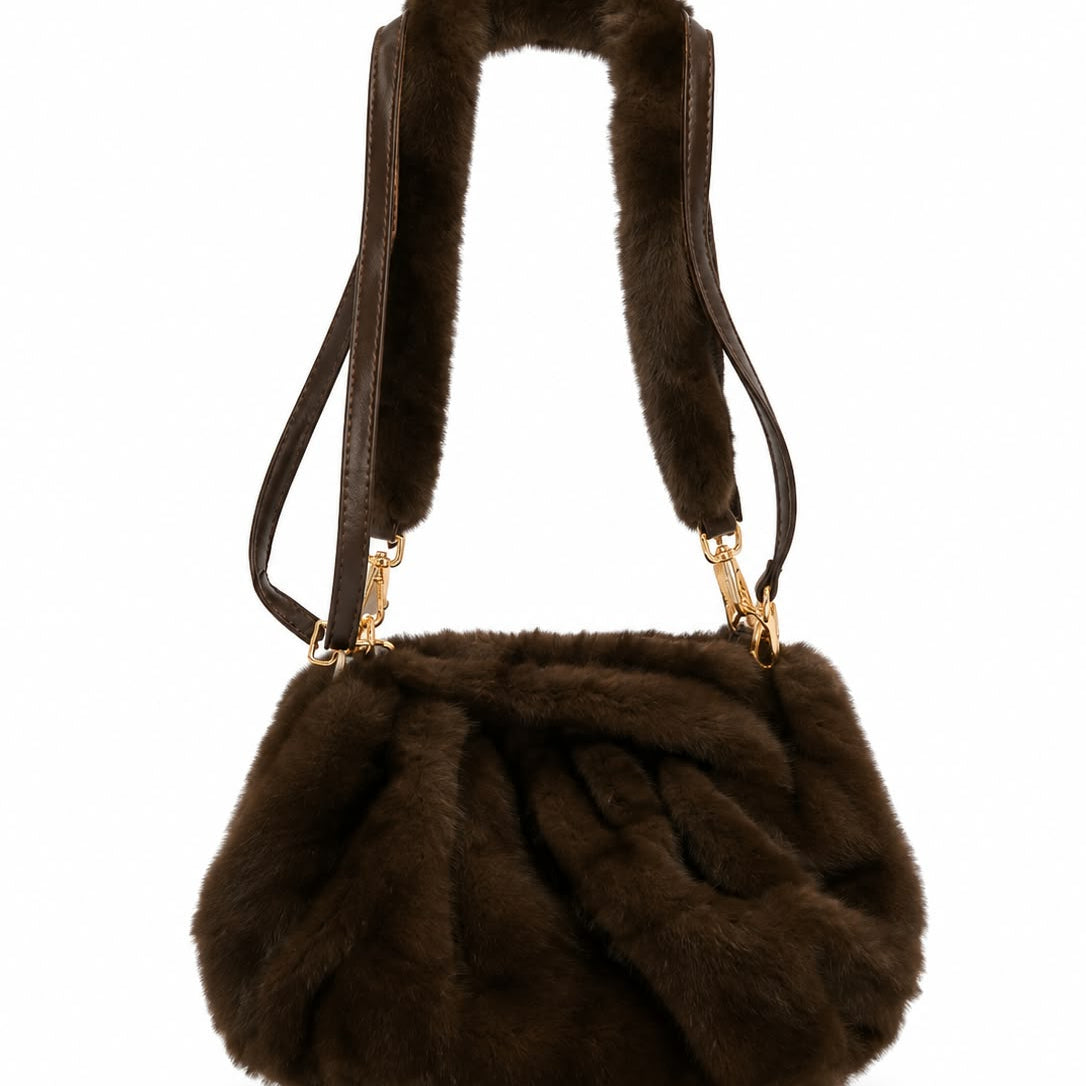 Dunkelbraune Felloptik-Schultertasche