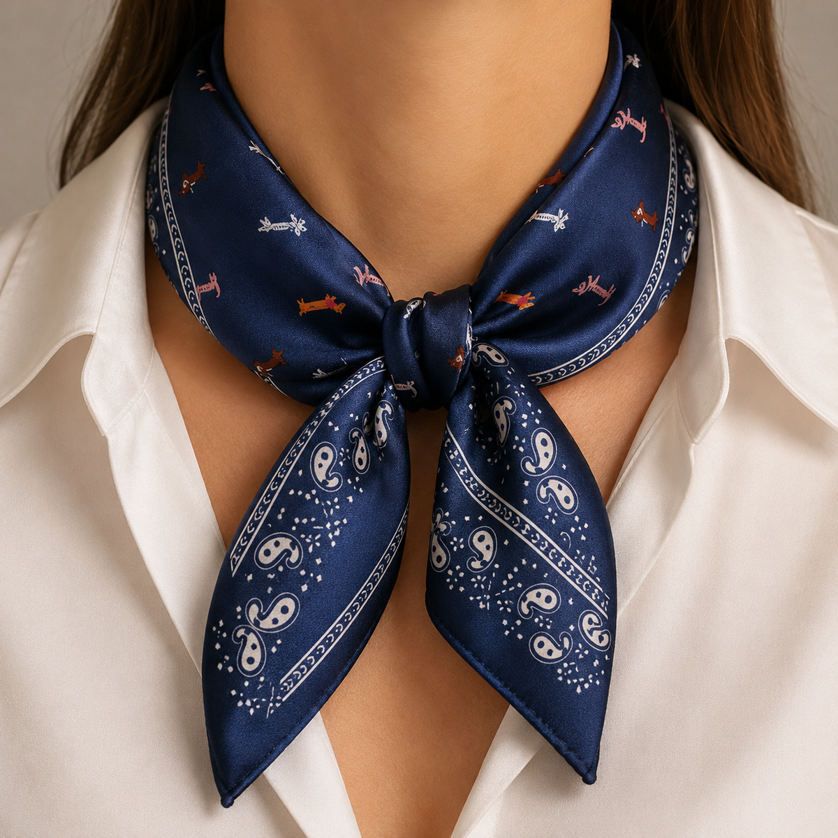 Satin Schal Damen mit Dackel- und Paisley-Muster – Elegantes Halstuch