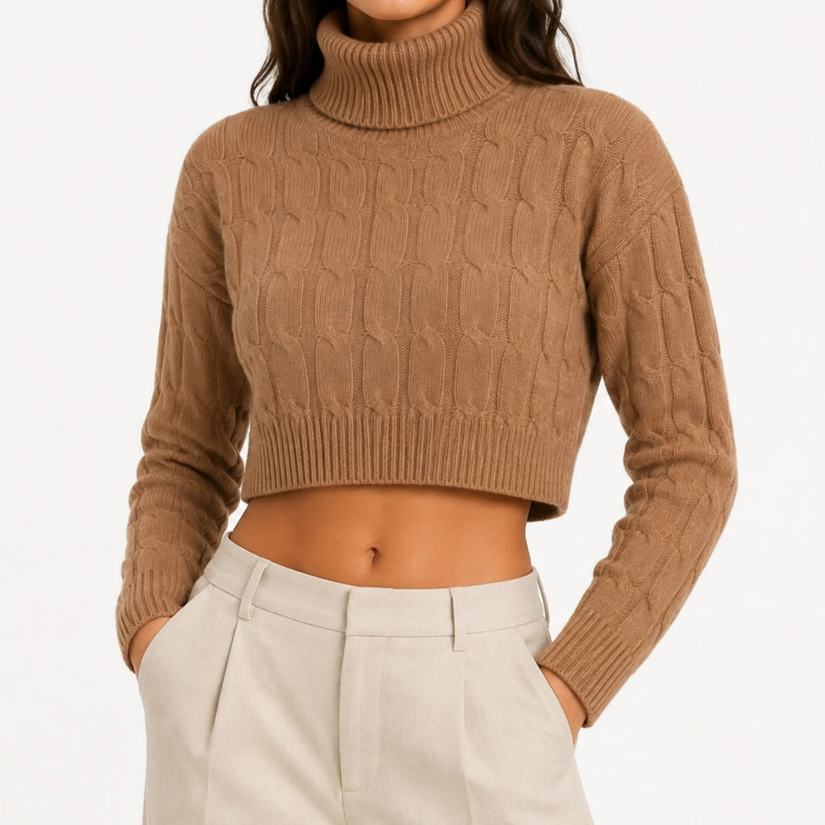 Kaschmir Rollkragenpullover Damen – Weicher Cropped Pullover mit Zopfmuster