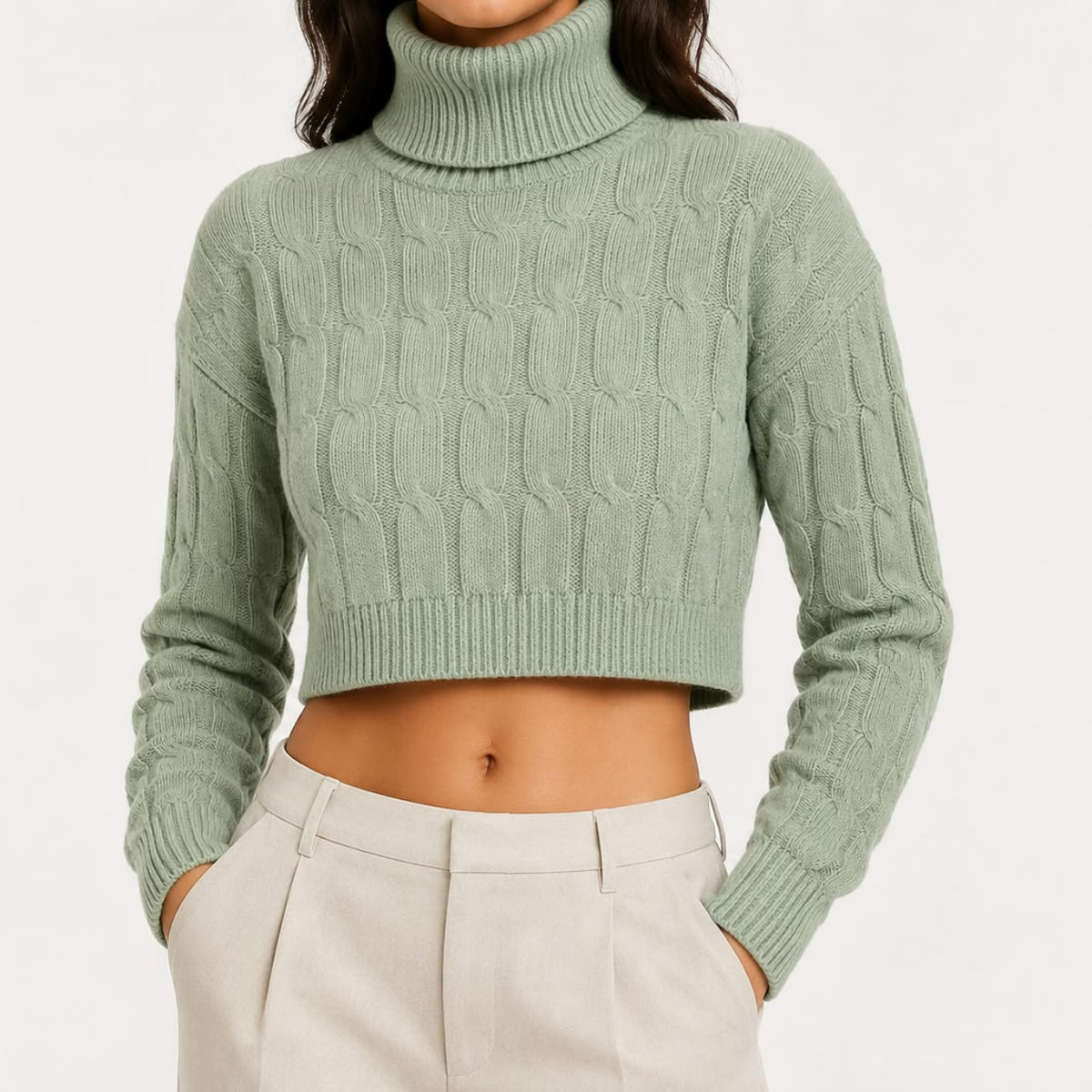 Kaschmir Rollkragenpullover Damen – Weicher Cropped Pullover mit Zopfmuster