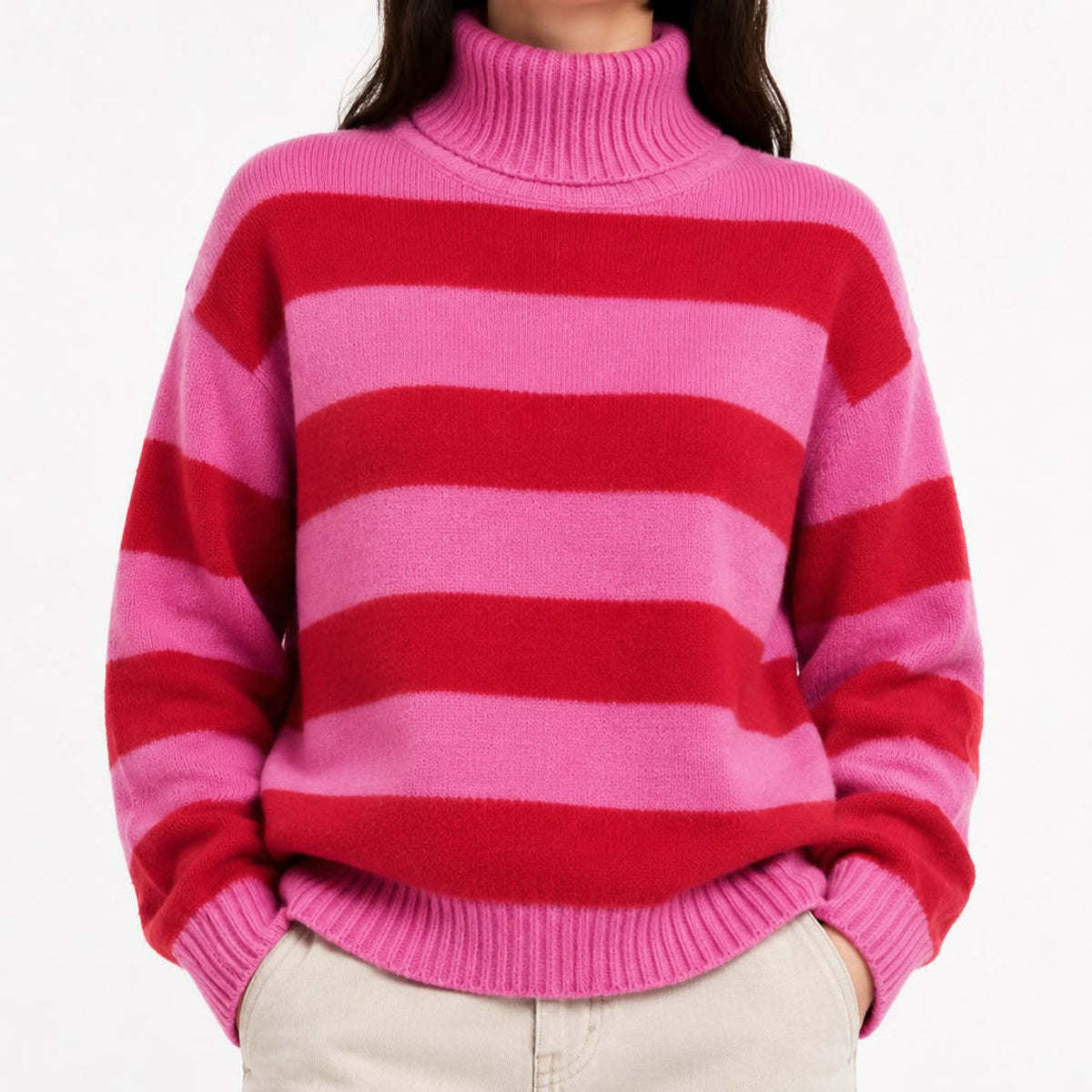 Kaschmir Rollkragenpullover Damen – Gestreifter Strickpullover