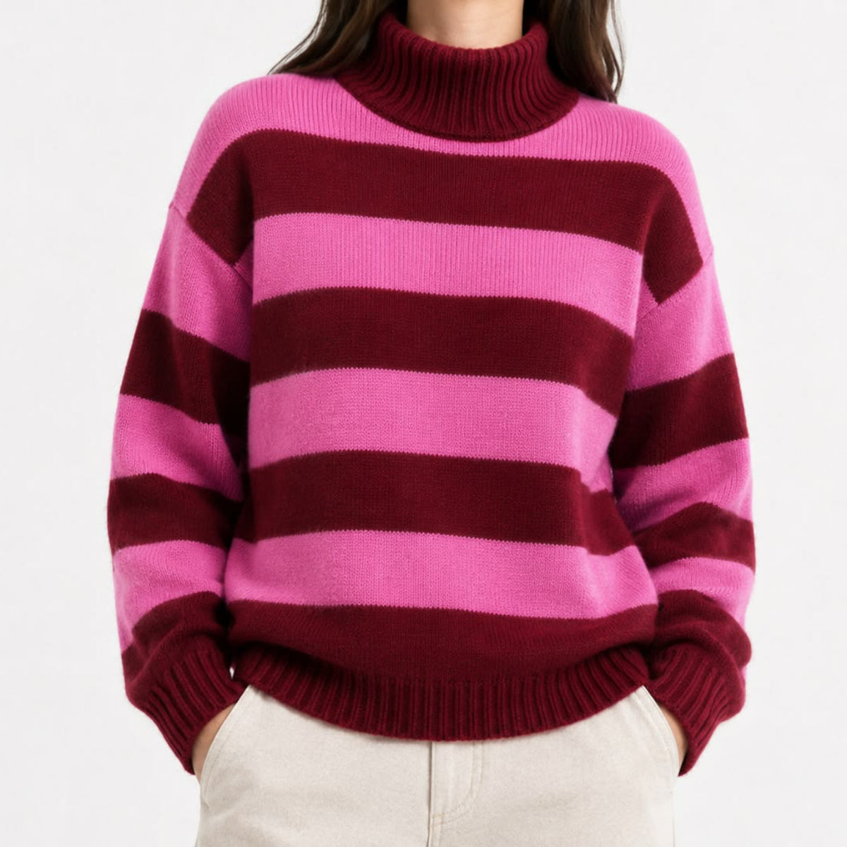 Kaschmir Rollkragenpullover Damen – Gestreifter Strickpullover